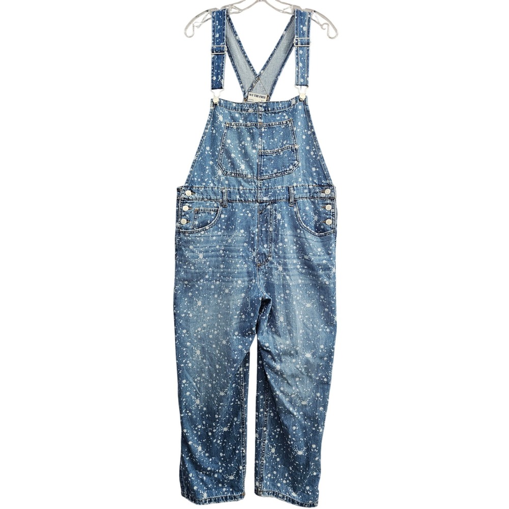 We The Free Overalls Women XL Blue Splatter Denim Straight Leg Cotton Dungarees